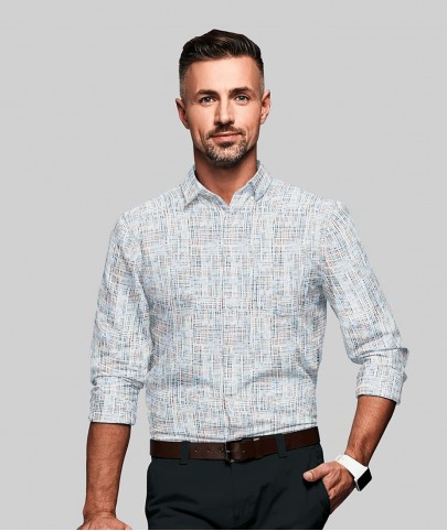 White Shirt with Blue and Red Motifs